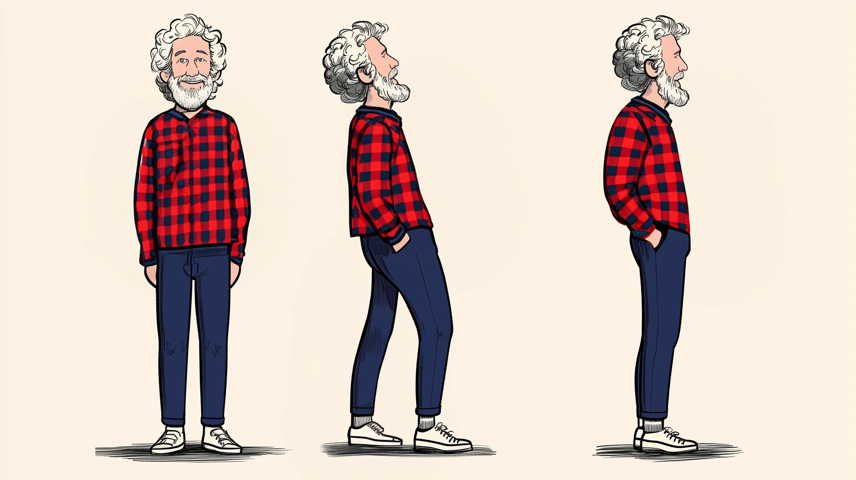 Emil Vorbrugg - Tom character turnaround in illustrated line art style