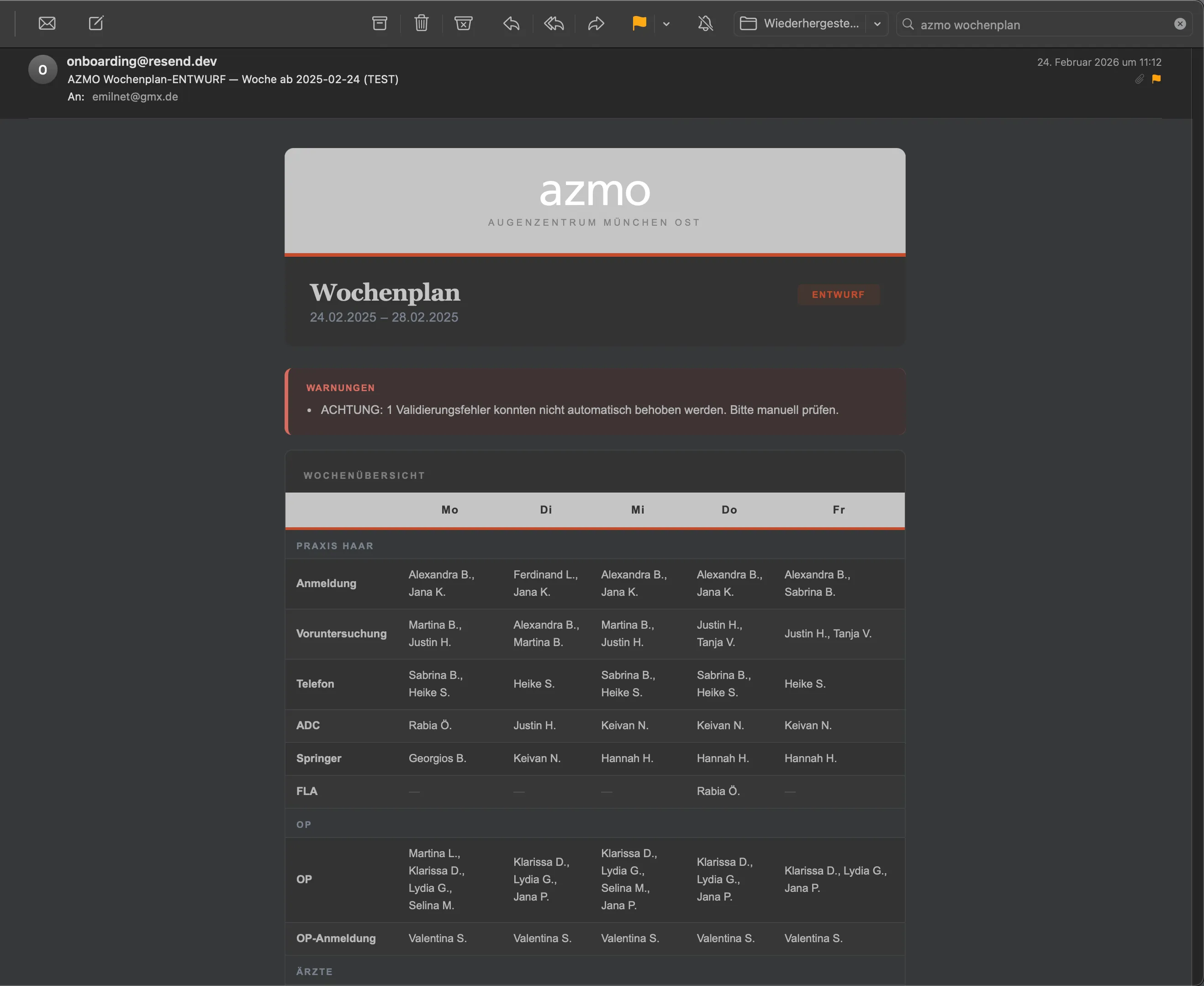 Emil Vorbrugg - Custom weekly planner AI agent for Augenzentrum München Ost