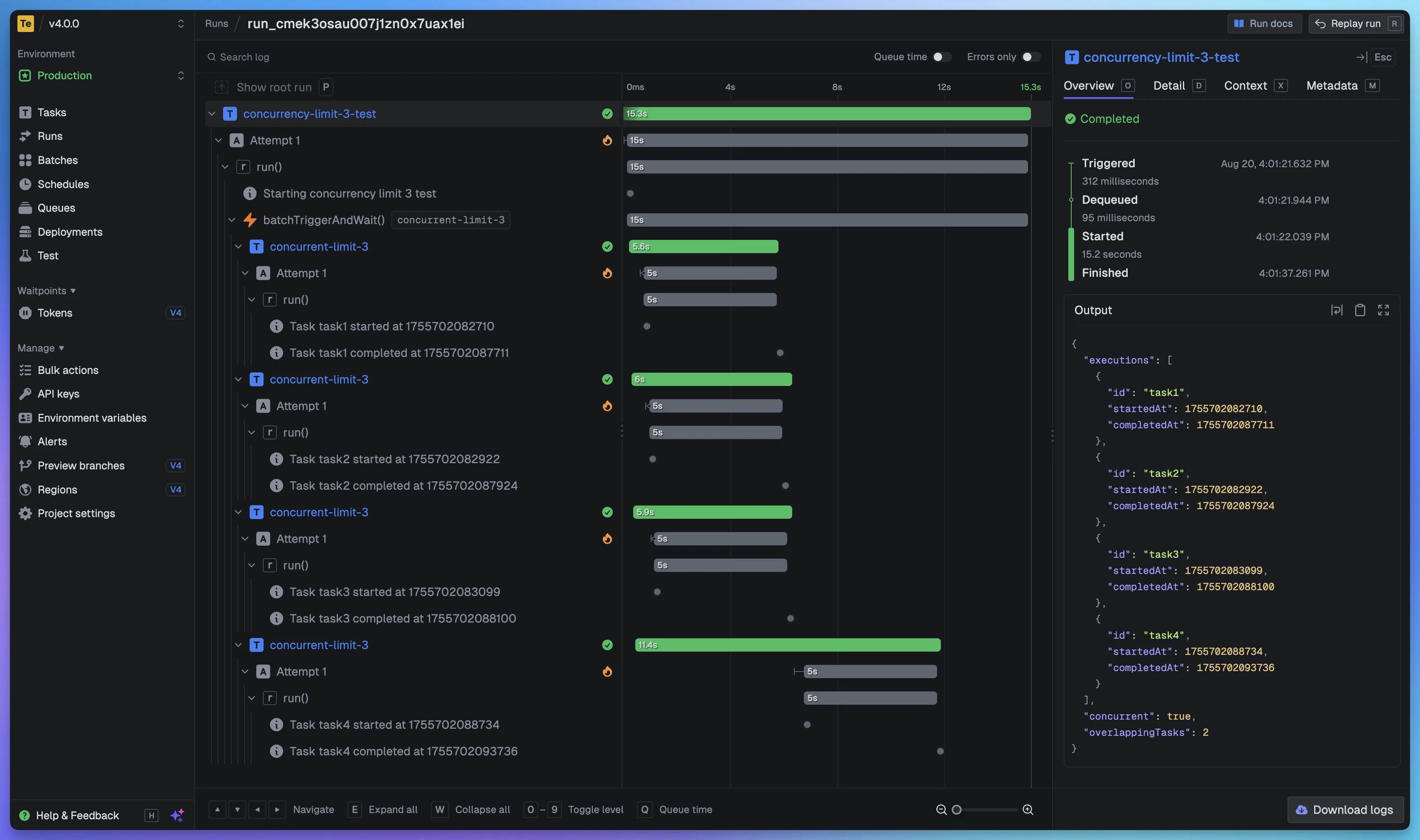 Emil Vorbrugg - Trigger.dev workflow automation dashboard showing task execution status