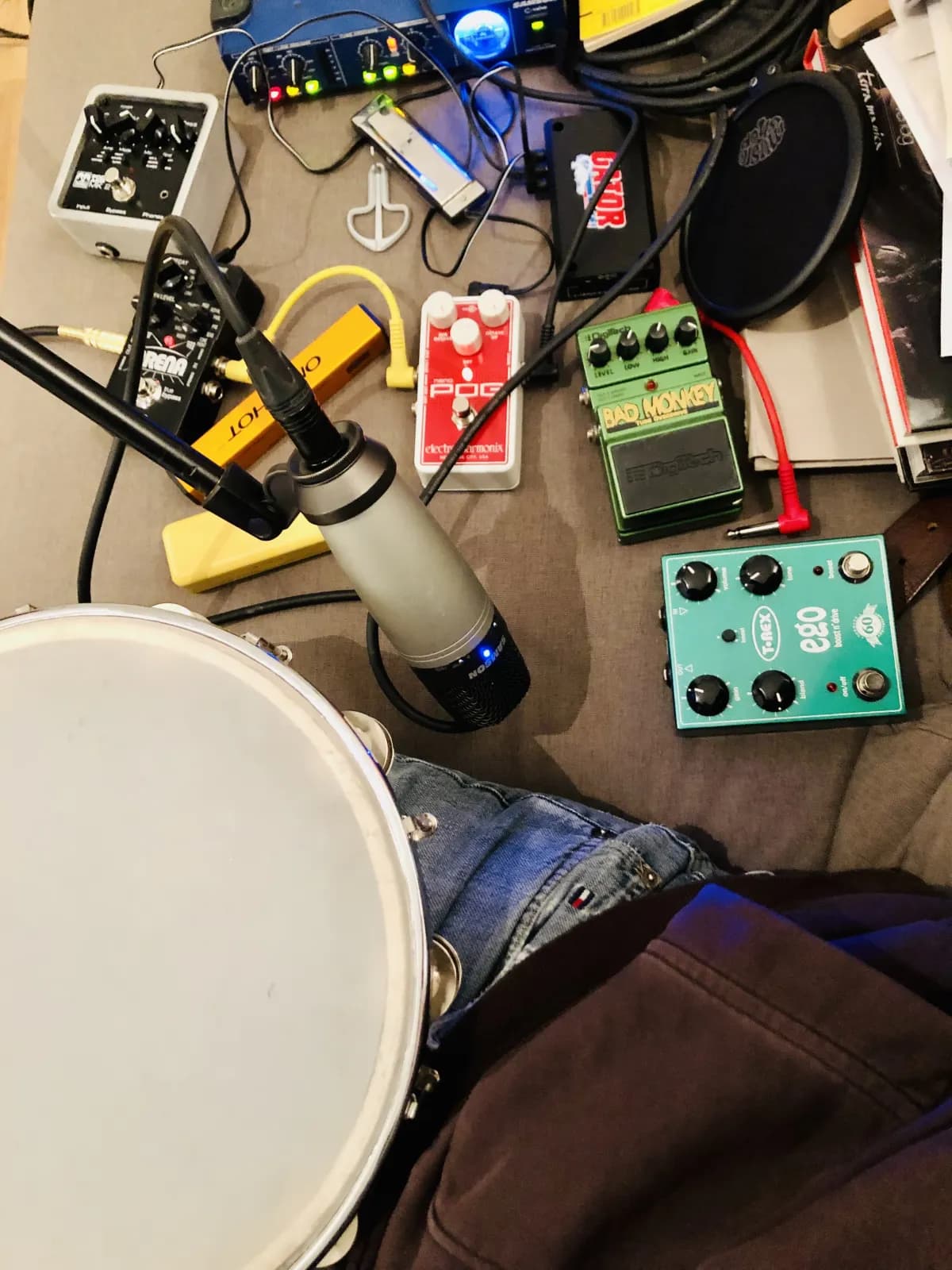 Emil Vorbrugg - Effects pedal board from above showing particle loopers and delay